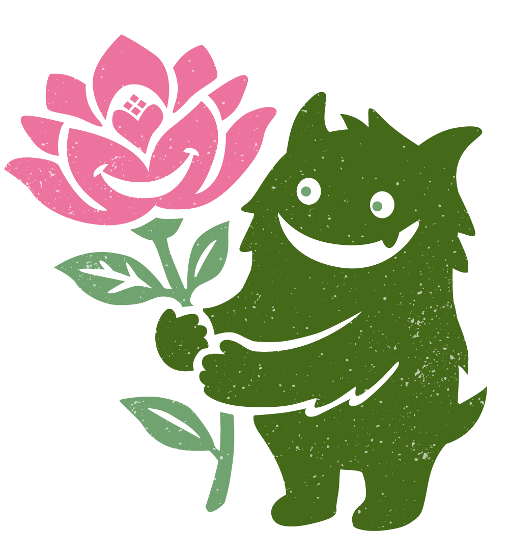 ニヤリと笑う花を抱えたGRIN FACTORYのキャラクター